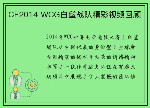 CF2014 WCG白鲨战队精彩视频回顾